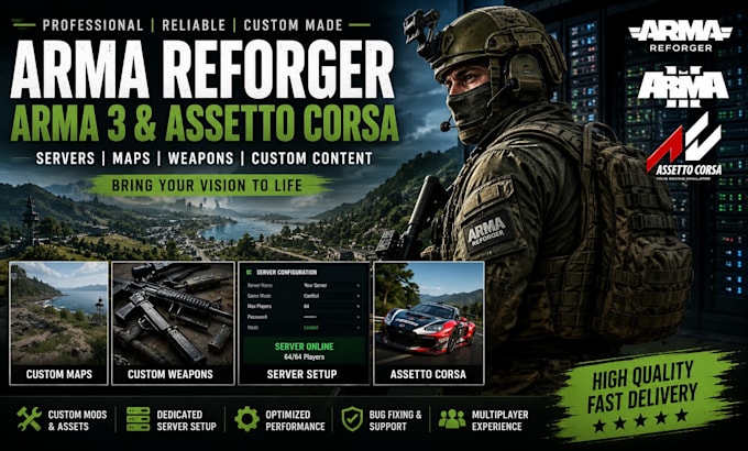 design a complete arma reforger server with custom mods
