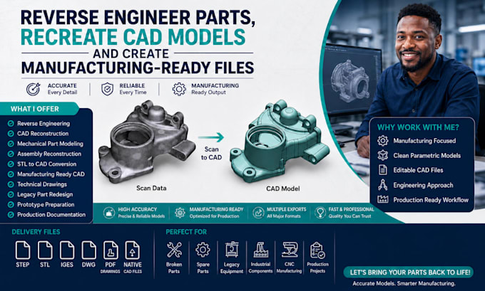 reverse engineer parts, recreate cad models and create manufacturing ready files