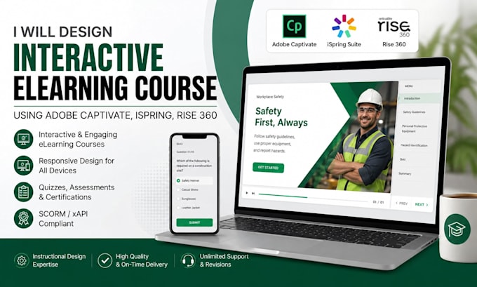 design interactive elearning course using adobe captivate, ispring, rise 360