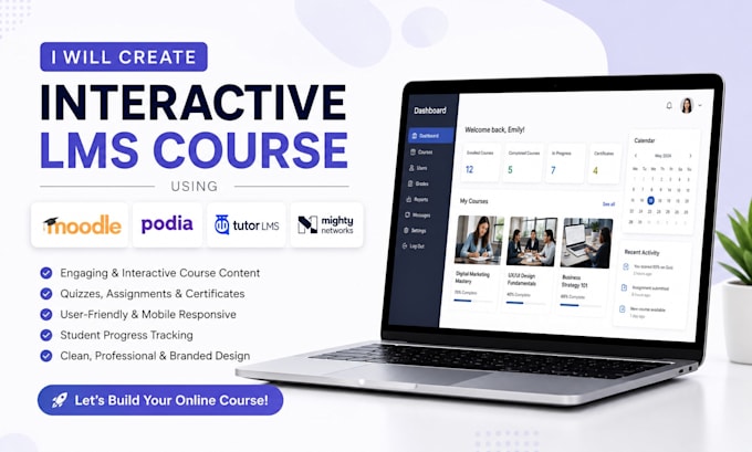 create interactive lms course using moodle, podia, tutorlms,  mightynetwork