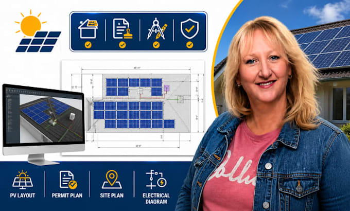 solar panel layout drawing, solar permit plan design, pv layout drafting service