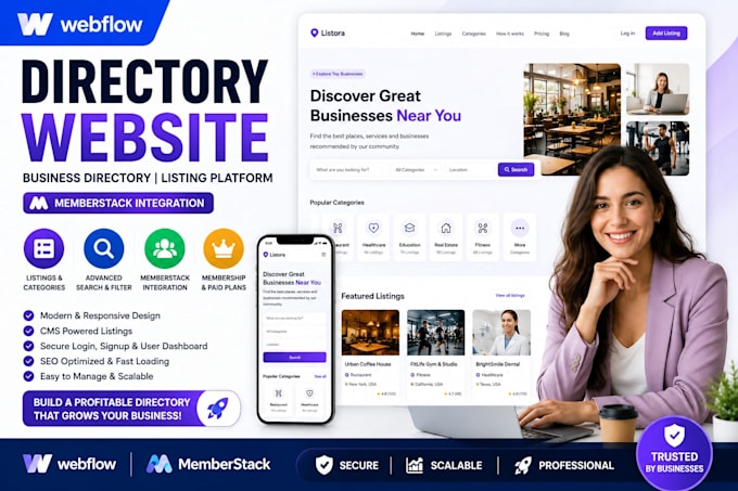 webflow directory website, business directory, listing platform and memberstack