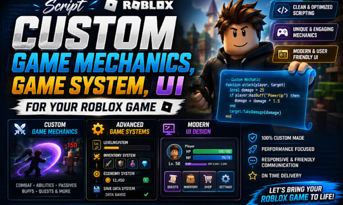 script custom game mechanics, game system, ui for your roblox game