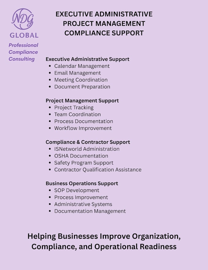 provide executive administrative pm and  isnetworld support