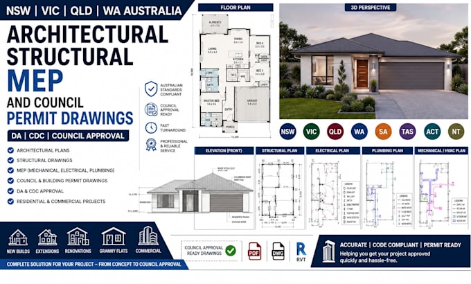 do nsw vic qld wa australia architectural structural mep permit engineer drawing