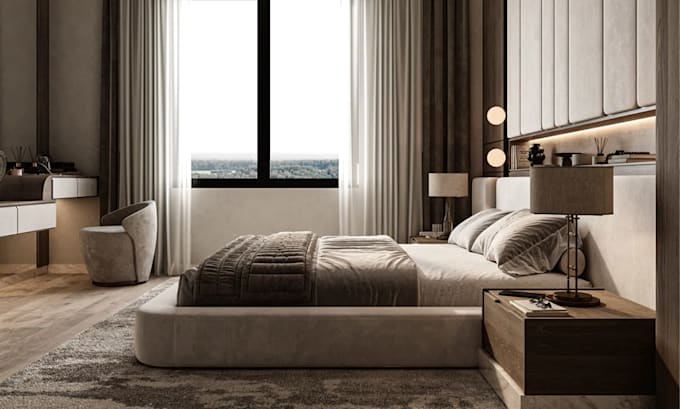 do living room bedroom bathroom interior design 3d model and realistic rendering