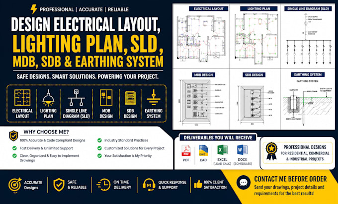 design electrical layout, lighting plan, sld, mdb sdb and earthing system