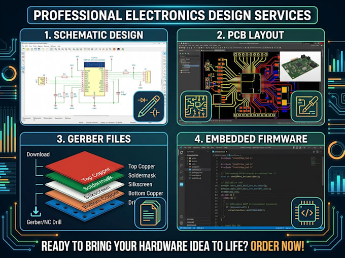 create pcb layout, schematic, gerber files and embedded firmware