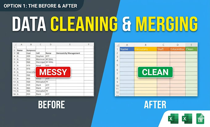 clean, format, merge, split excel data
