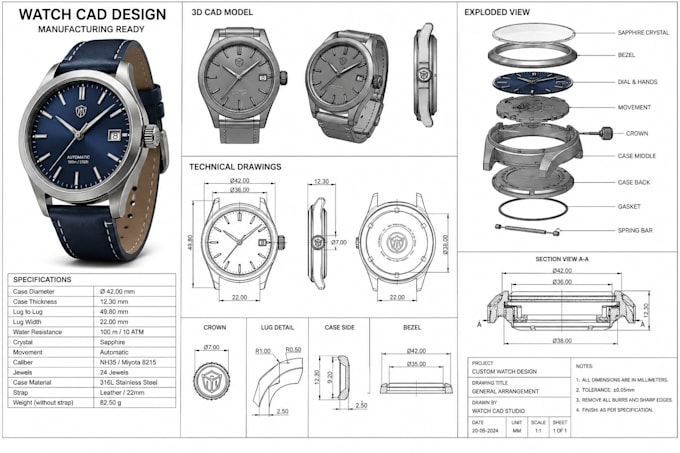 manufacturing ready watch cad design with technical drawings