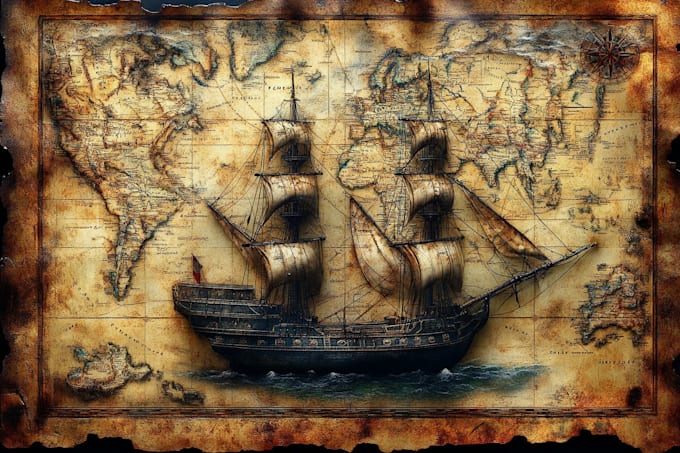 draw fantasy map or ship illustration with cool details