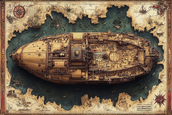 create a fantastical ship or map with intricate details