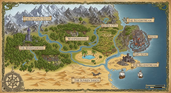 draw a custom fantasy map illustration with castles and forests