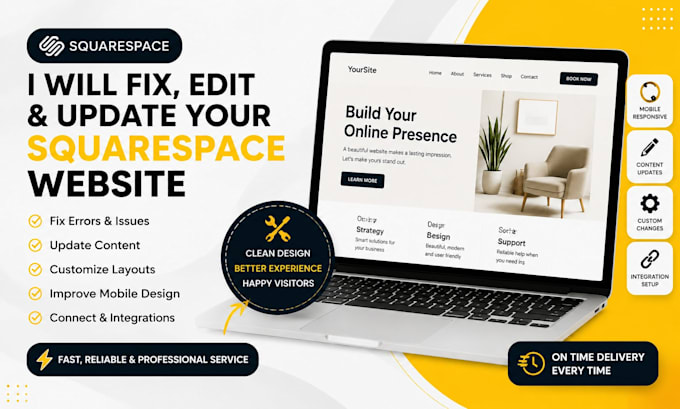 fix squarespace errors, update pages and customize website
