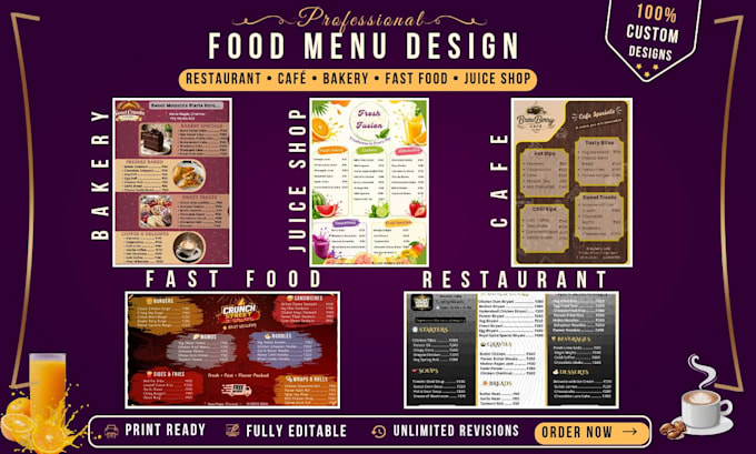 design a professional restaurant, cafe, bakery and food menu