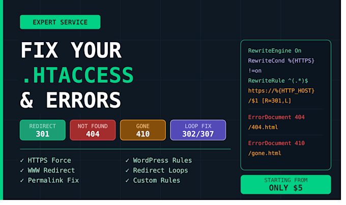 fix htaccess, 301 redirect, 404 error and other issues