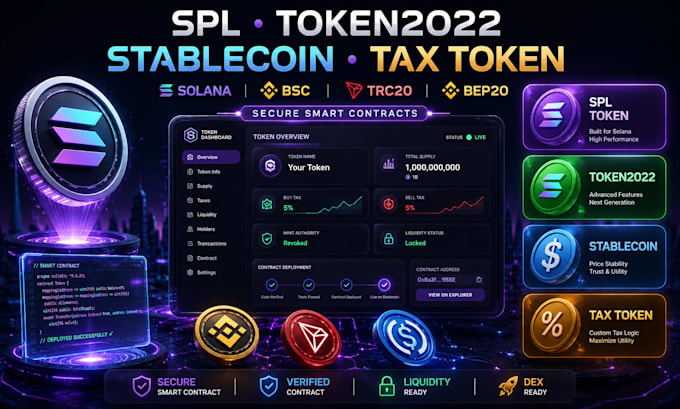 develop spl token, token2022, tax token, stablecoin on sol, bsc, trc20, bep20