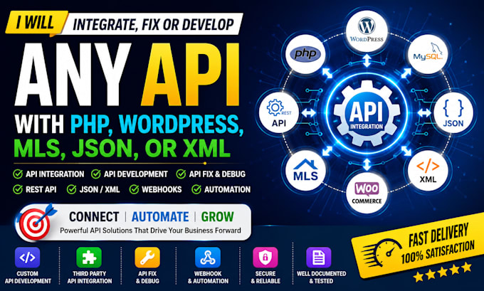 integrate, fix or develop any api with php, wordpress, mls, json, or XML