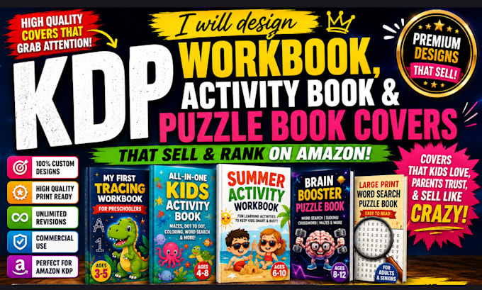 design KDP workbook activity book and puzzle book cover for amazon publishing