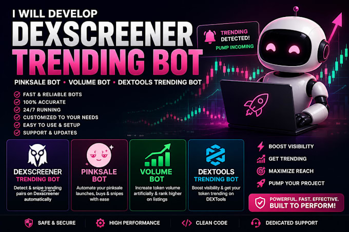 develop dexscreener trending bot, pinksale bot, volume bot, dextool trending bot