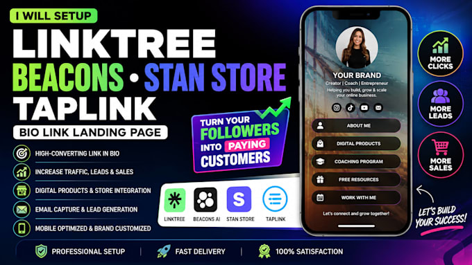 setup linktree, beacons, stan store, taplink bio link landing page
