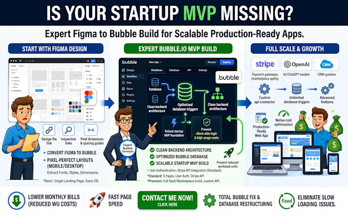 build bubble io web app, convert figma to bubble, and create startup mvp saas