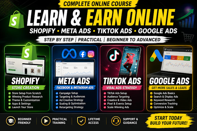 teach you shopify , meta ads ,tiktok ads google ads