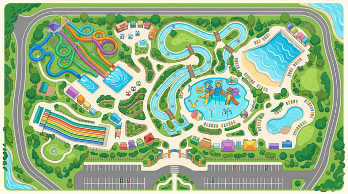 design theme park maps, attraction amusement maps, visitor experience maps
