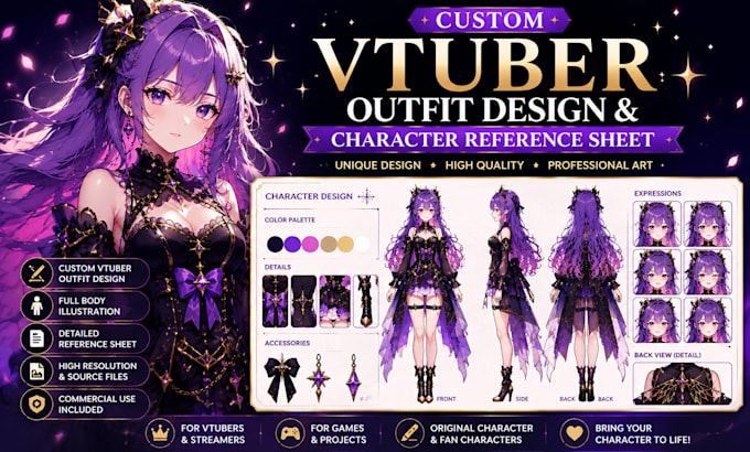 design a premium vtuber cosplay outfit and character reference sheet