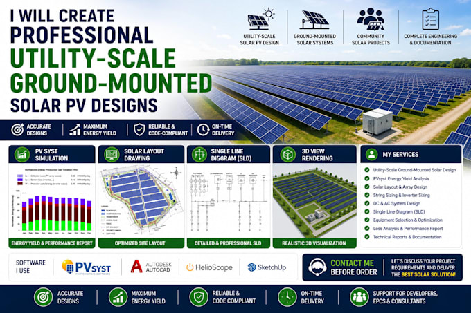 create professional utility scale ground mounted solar pv designs