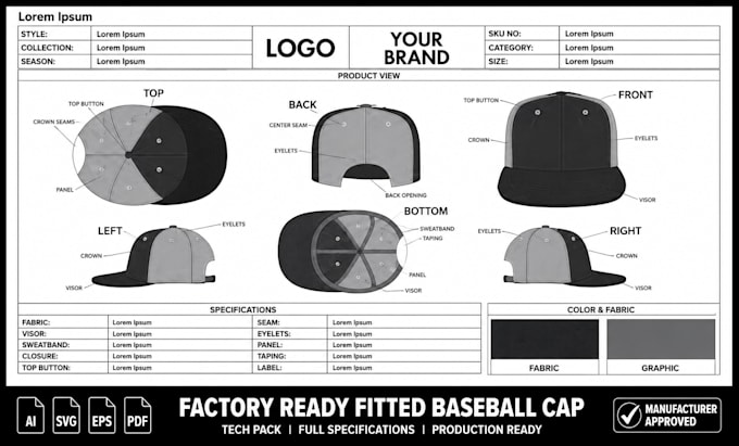 create manufacturing ready fitted baseball cap and 59fifty style tech pack