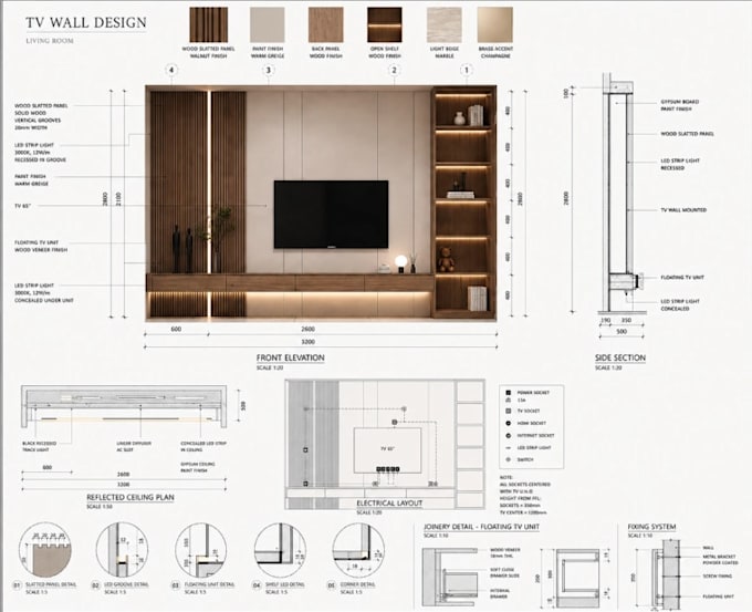 create interior technical drawings, design custom TV units, wall paneling system