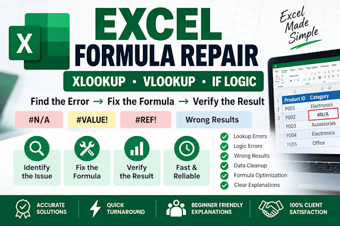 fix excel formulas, xlookup, vlookup and spreadsheet errors