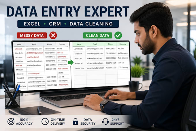 do accurate data entry, excel, CRM data cleaning and web research
