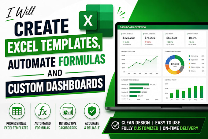 create excel templates, automate formulas and custom dashboards