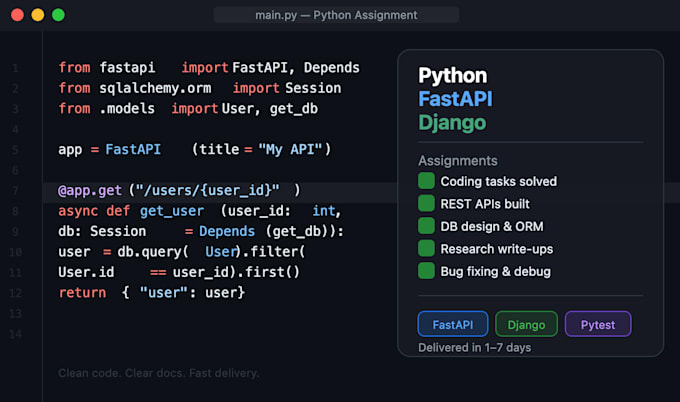 do your python, fastapi, or django assignment, task research project