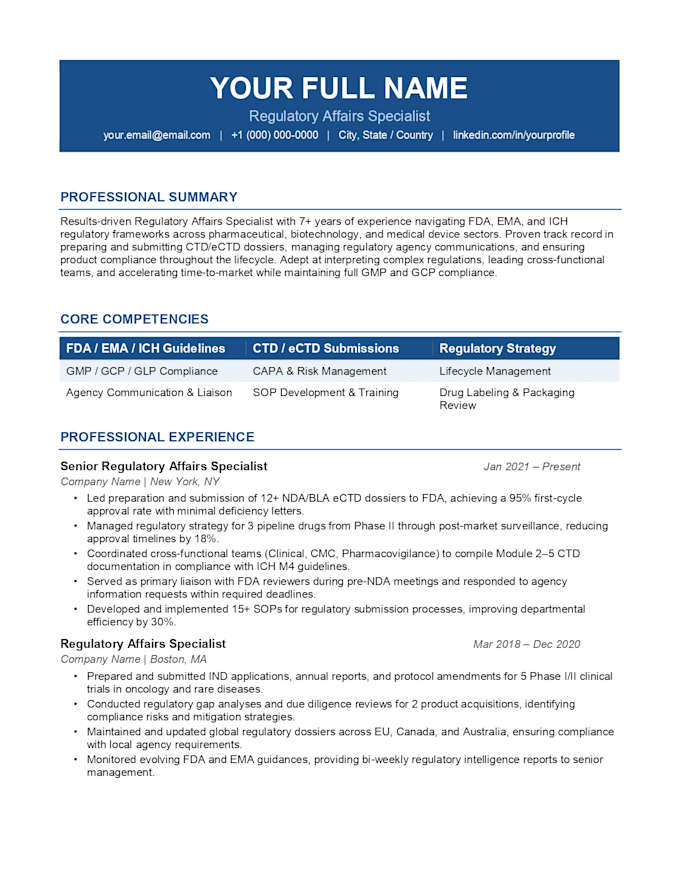 write a professional regulatory affairs resume and cover letter