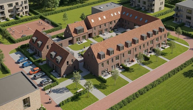 model modern townhouse development,semi detached house design,urban space render