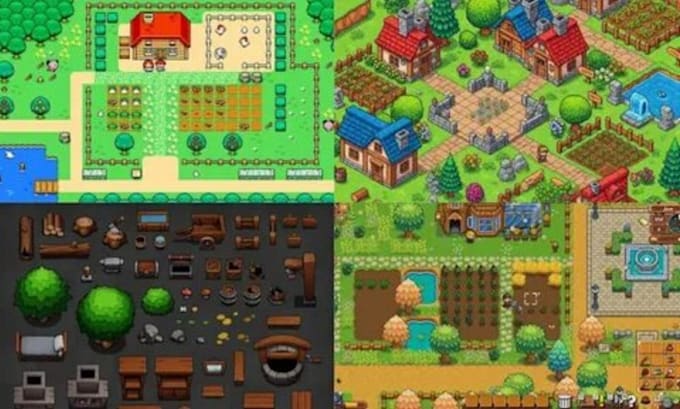 do pixel loop animation, pixel background, tileset, pixel art scene design