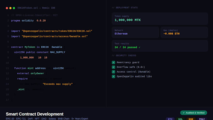 develop, audit, and deploy smart contracts on ethereum, solana, and bnb c