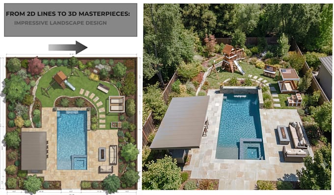 design luxury backyard, pool and outdoor living spaces in 3d