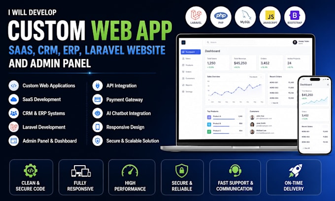 develop a custom web app, saas, CRM, erp, laravel website and admin panel