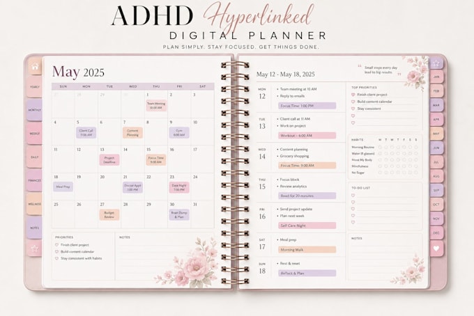 create an adhd hyperlinked digital planner, habit tracker, journal and calendar