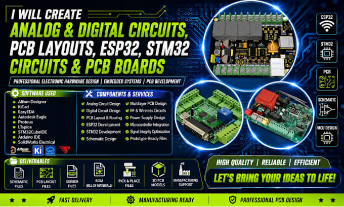 create analog digital circuit, pcb layout esp32 stm32 circuit and pcb board
