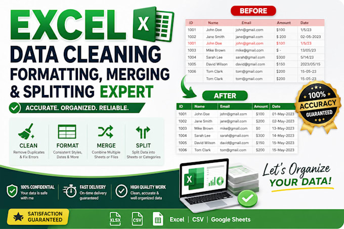 clean, format, merge, split excel data