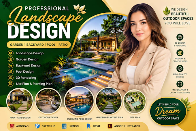 3d landscape front backyard garden design pool patio deck 3d rendering