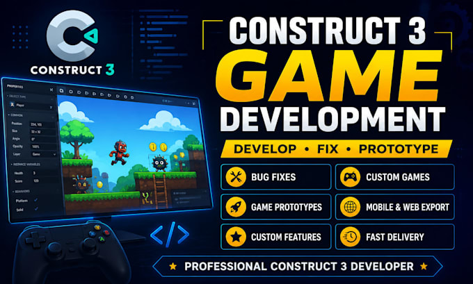 develop, fix, or create a construct 3 game prototype