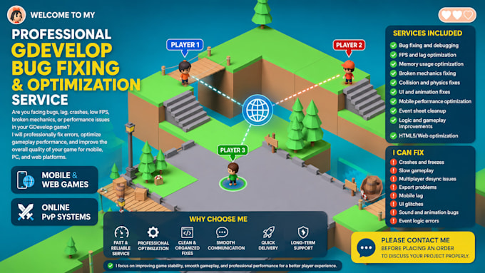 fix bugs, lag and optimize your gdevelop game professionally