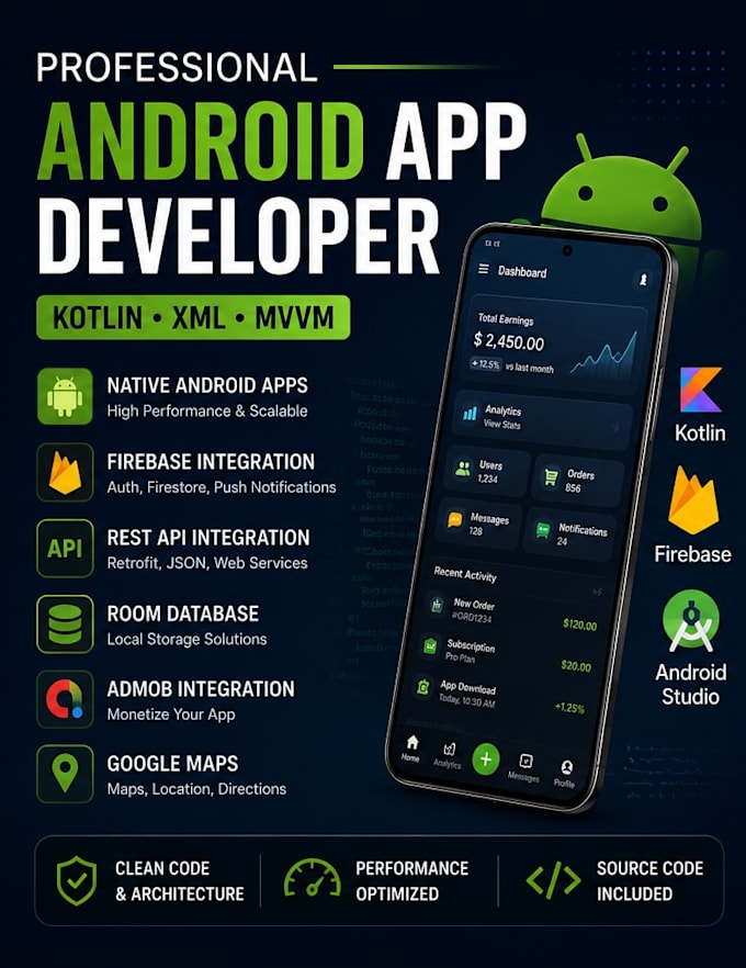 develop a professional native android app using kotlin and android studio