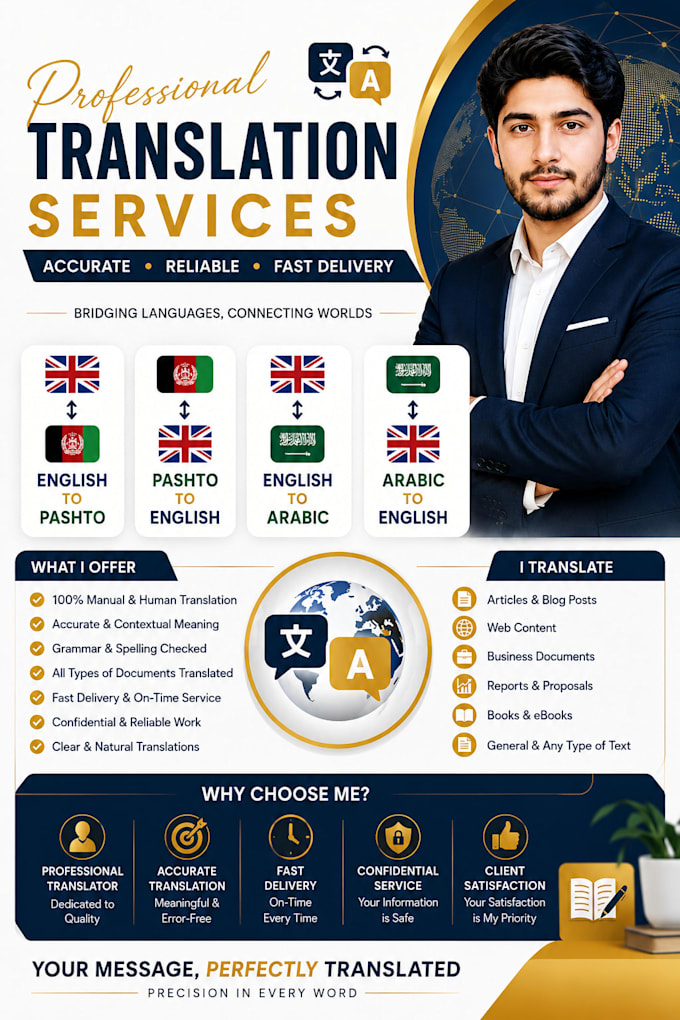translate english, pashto, and arabic professionally